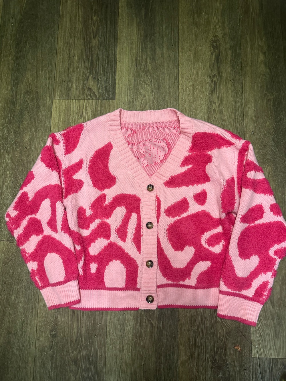 Pink Leopard-Print Button-Front Women's Sweater Cardigan